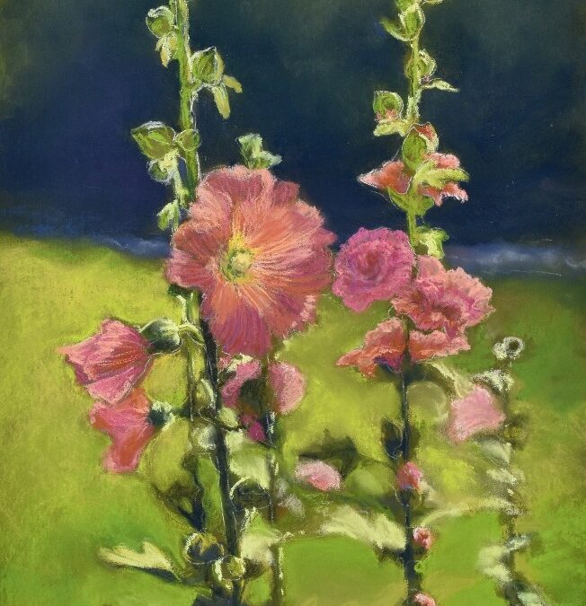 painting of beautiful hollyhock blooms. They are a deep pink against a green background of grass and trees