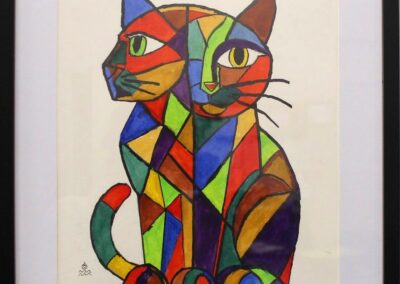 painting of very colorful abstract cat. It has heads from 2 perspectives - looking forward and to the side. It's coat is segmented in lines with bright colors as if an abstract calico