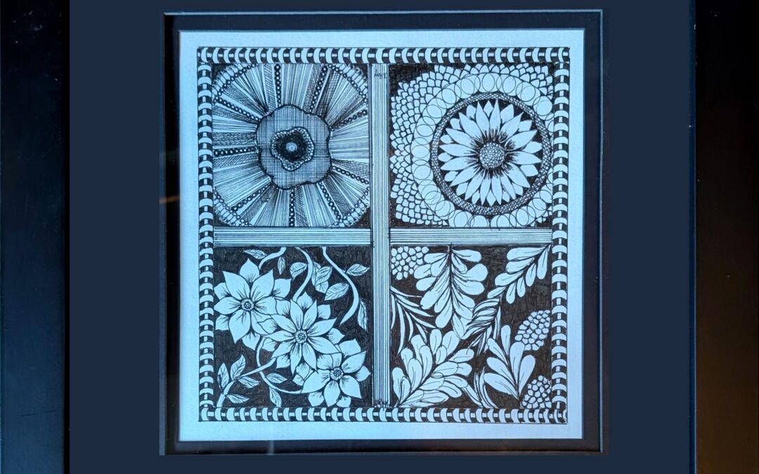 painting of flowers in stark black and white. It's divided into 4 quadrants with a different flower in each and uses fine straight lines as well as soft curved lines for flower petals