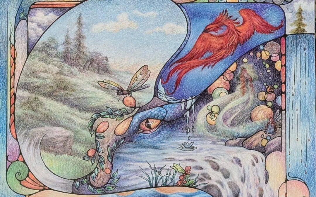 Painting in color pencil and ink. The viewer enjoys many things through the "eye" of the dragon including forested land, water falls and even a dragon fly
