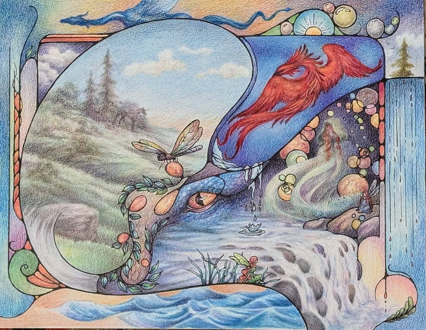 Sandi Johnson- Eye of the Dragon painting of an easel beside a window. The painting on the easel is of waves on the ocean and the waves appear to be coming out of the canvas onto the floor