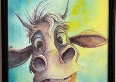 painting of an almost cartoonish cow. She is brown and white against a colorful background and it appears she could be right up next to a camera looking to see what's going on. Her facial expression is a goofy mix of wonder and surprise.