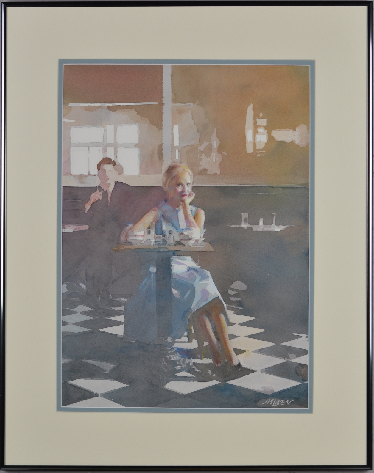 John McLaren - Checkers painting of an easel beside a window. The painting on the easel is of waves on the ocean and the waves appear to be coming out of the canvas onto the floor