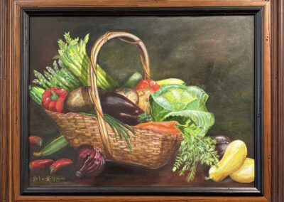 painting of a basket overflowing with fresh vegetables from the garden