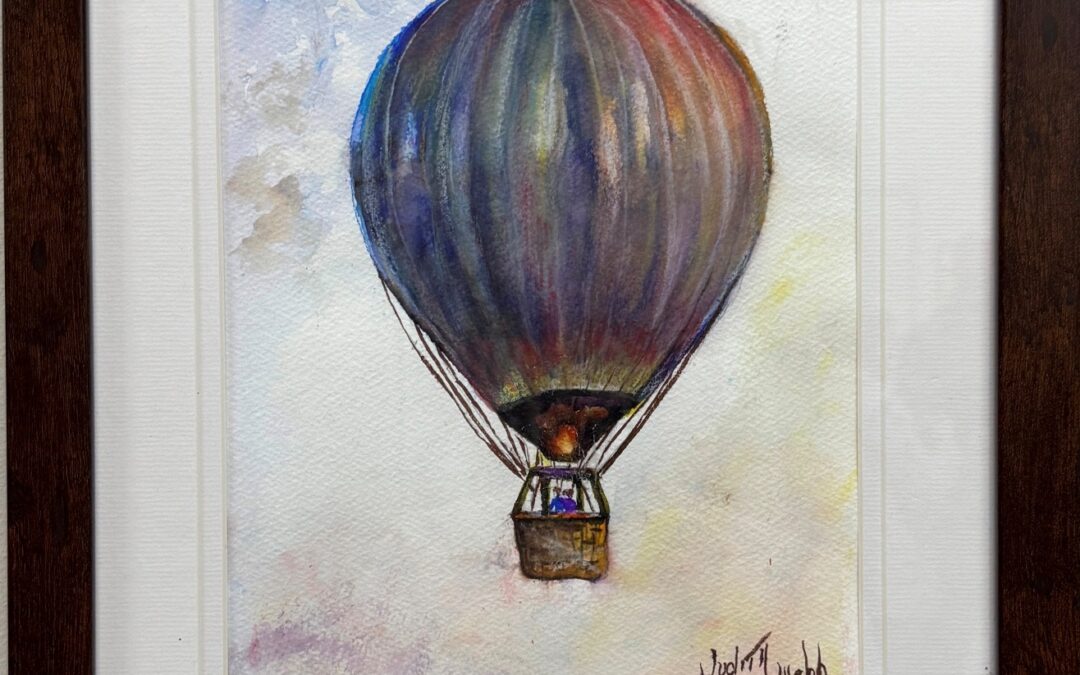 painting of a shiny hot air balloon above the clouds