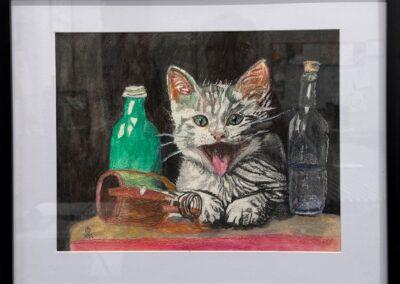 painting of a mischievous kitten in between 2 standing bottles and one bottle tipped over by the kittens paws. It's tongue is lolling as if it has been licking the spilled liquid