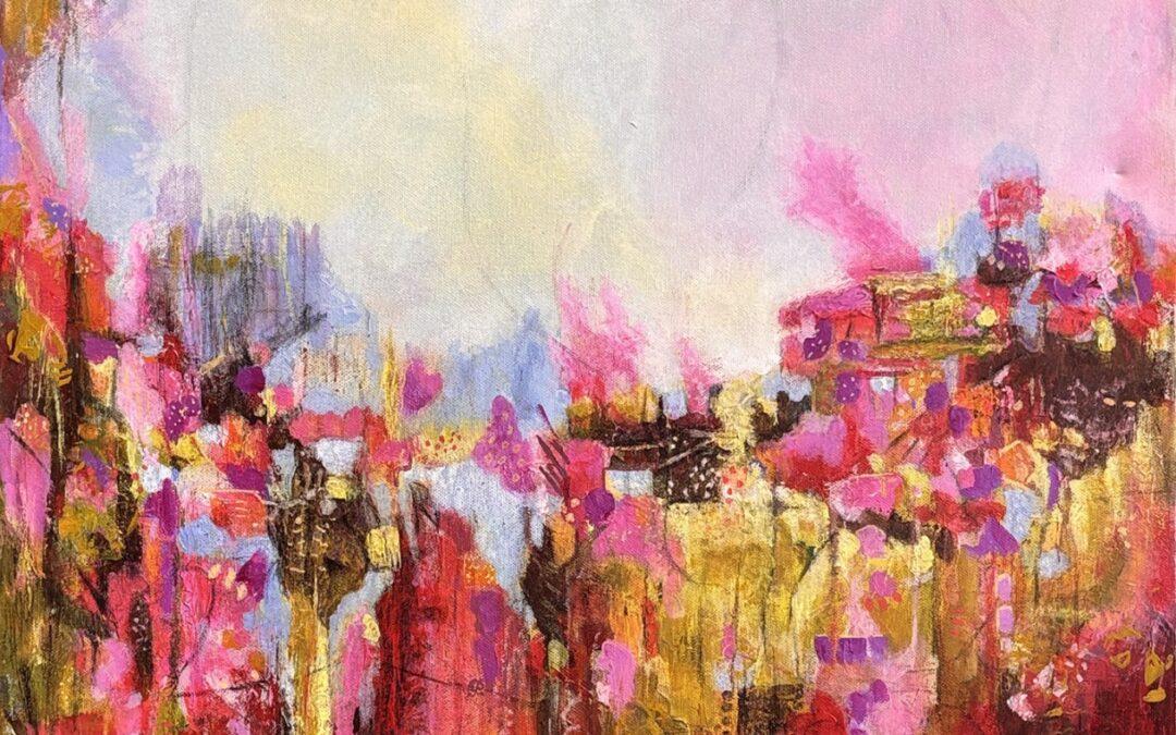 abstract painting indicating an explosion of spring flowers in pinks and yellows