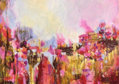 abstract painting indicating an explosion of spring flowers in pinks and yellows