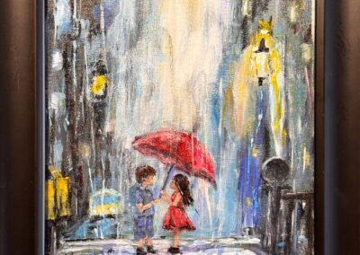painting of a very young couple facing each other under an umbrella in the rain. Large city buildings rise on either side and light shines on the wet pavement