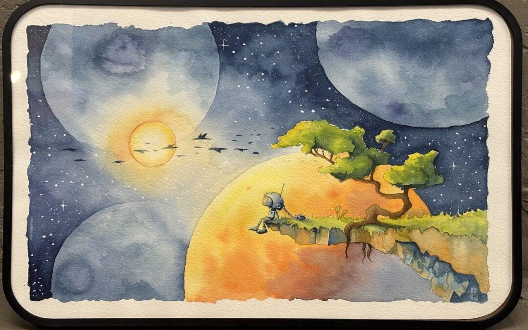 water color painting of a person in what appears to be a space suit sitting on the edge of a precipice. It's a thin ledge with an unlikely tree and a flock of birds flying overhead. The background is an alien view with multiple moons and/or planets and plenty of stars.