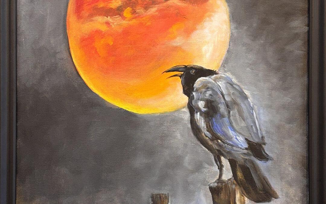 painting of a raven perched on a fence post. The background is gray/black and the moon is orange yellow