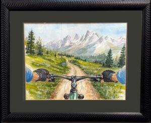 painting from the perspective of a person on a bicycle. The handlebars are visible being held by gloved hands. Ahead is a dirt track surrounded by a mountainous landscape