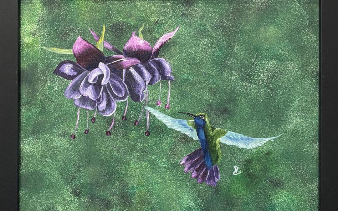 painting of a hummingbird approaching a fuschia bloom. The background is green, the bloom is purple and the bird also has purple