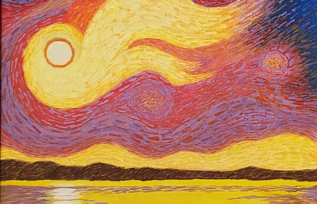 painting of a sunset. The colors are vibrant yellows and pinks with a dark blue high in the sky. the clouds and colors swirl in the sky and reflect in the water