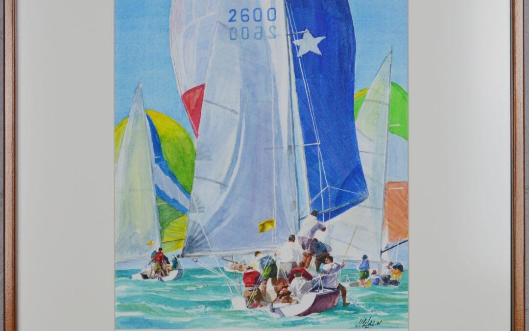 water color painting of a sailboat race. Several boats are in sight and the crews are clearly working hard in competition