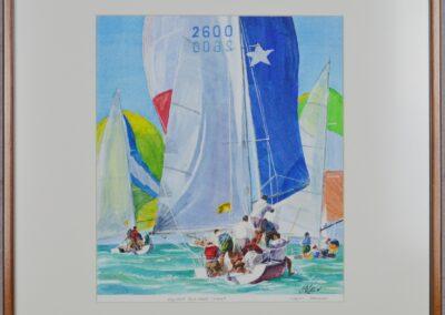 water color painting of a sailboat race. Several boats are in sight and the crews are clearly working hard in competition