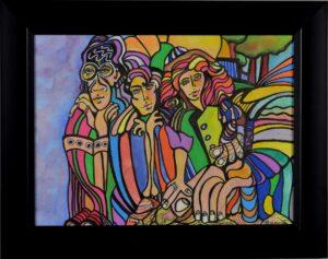 colorful painting in 1960's style of girls. The figures seem to run together with streaks of color