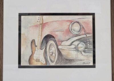 painting of the front right side of a vintage car with an electric guitar propped up beside the fender