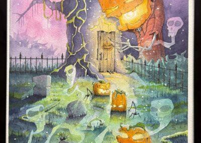 painting of a Halloween scene. There is an old dead tree with a glowing door at the corner of an old cemetery. Scary jack-o-lanterns, ghosts and other creepy effects fill out the scene.